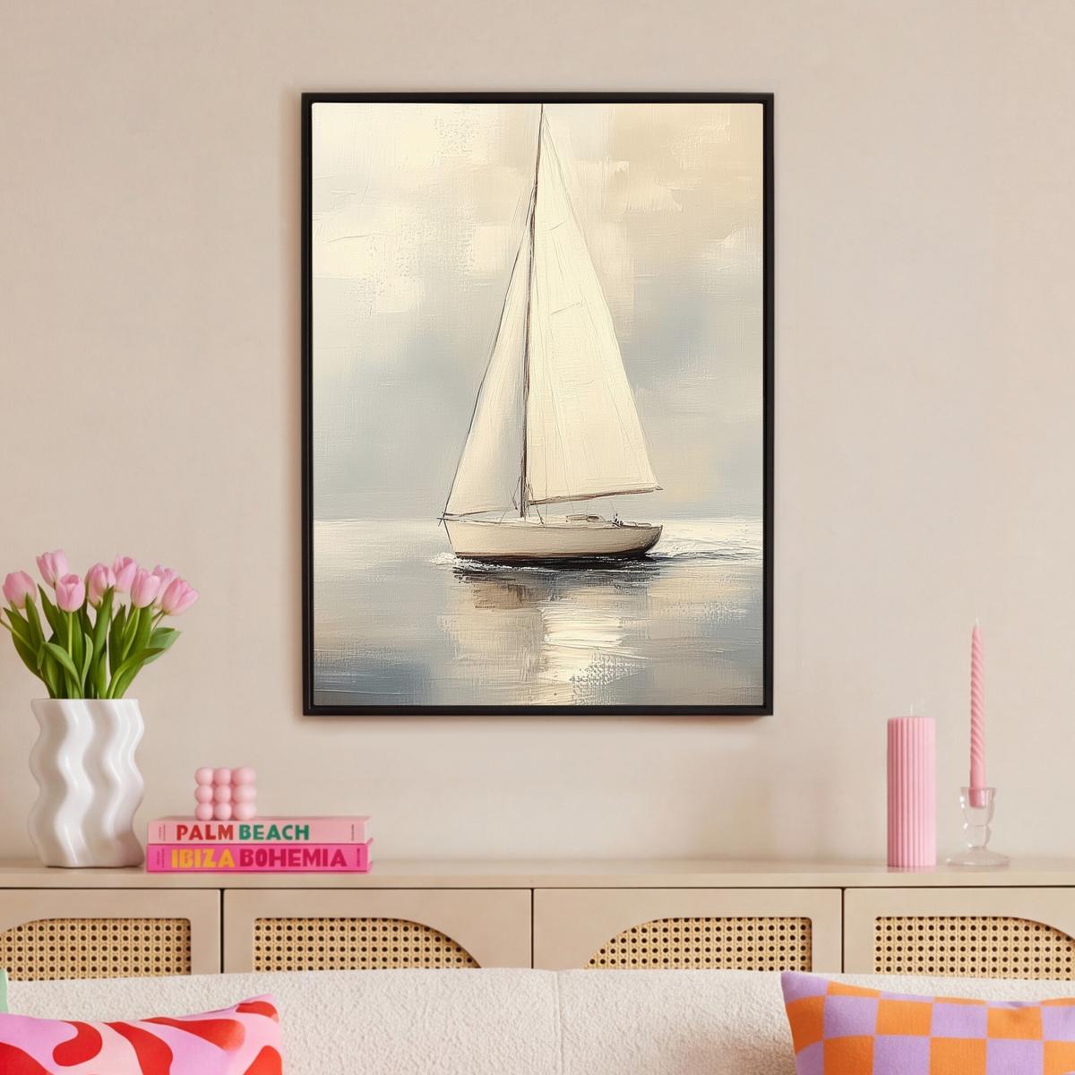LEINWAND Bilder mit Rahmen - Segelschiff - Meer - Bewölkt - 70x100 - Creme, Textil (70/100cm) - MuchoWow