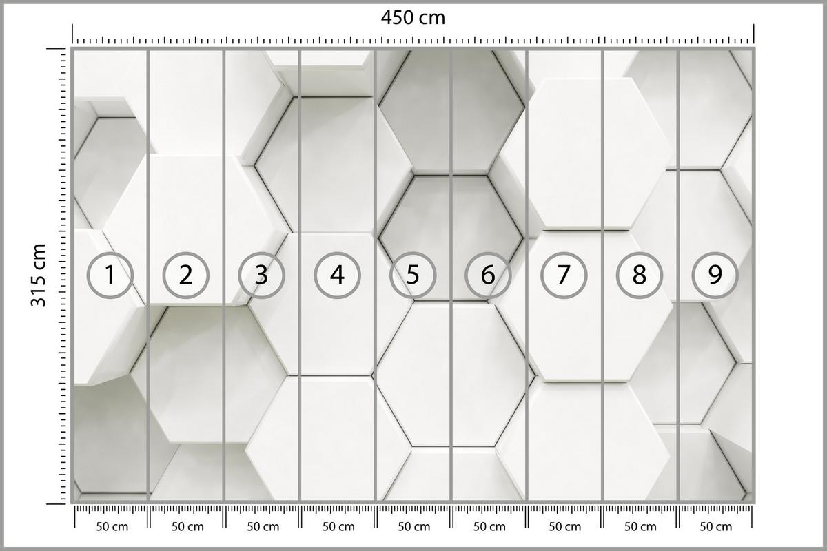 FOTOTAPETE für Wohnzimmer Hexagone Formen Geometrie 450x315 - Weiß/Grau, Papier (450/315cm) - Muralo