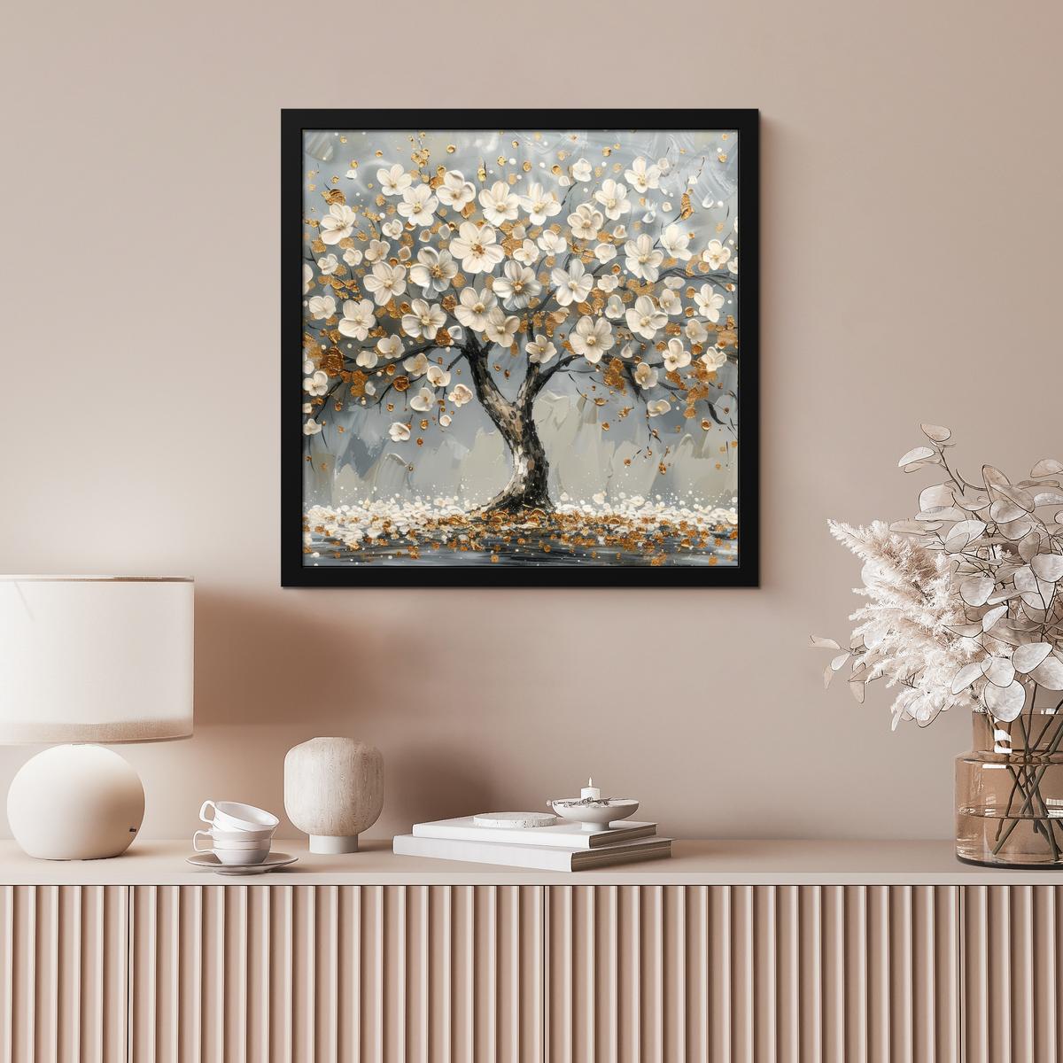 POSTER MIT RAHMENGERAHMTES BILD Baum - Blumen - Weiß - Natur - Kunst 40x40 cm - Weiß, Papier (40/40cm) - MuchoWow