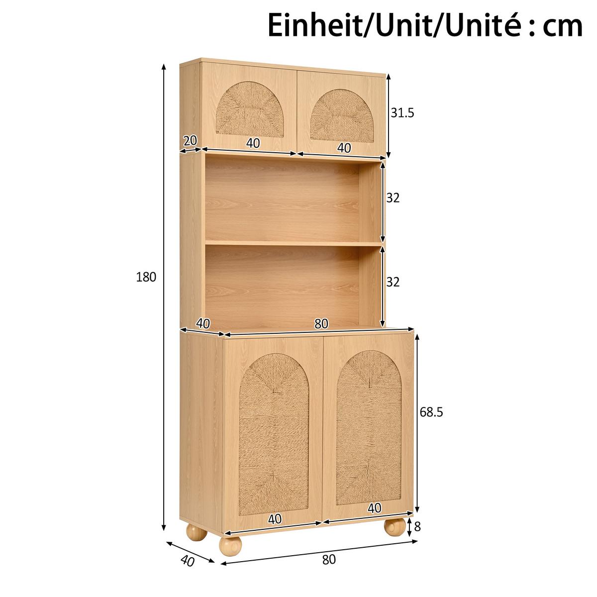KÜCHENSCHRANK Hochschrank Natur mit Geflecht-Türen & offenen Fächern 80x180cm - Naturfarben, Holzwerkstoff (80/180/40cm) - Urban Meuble