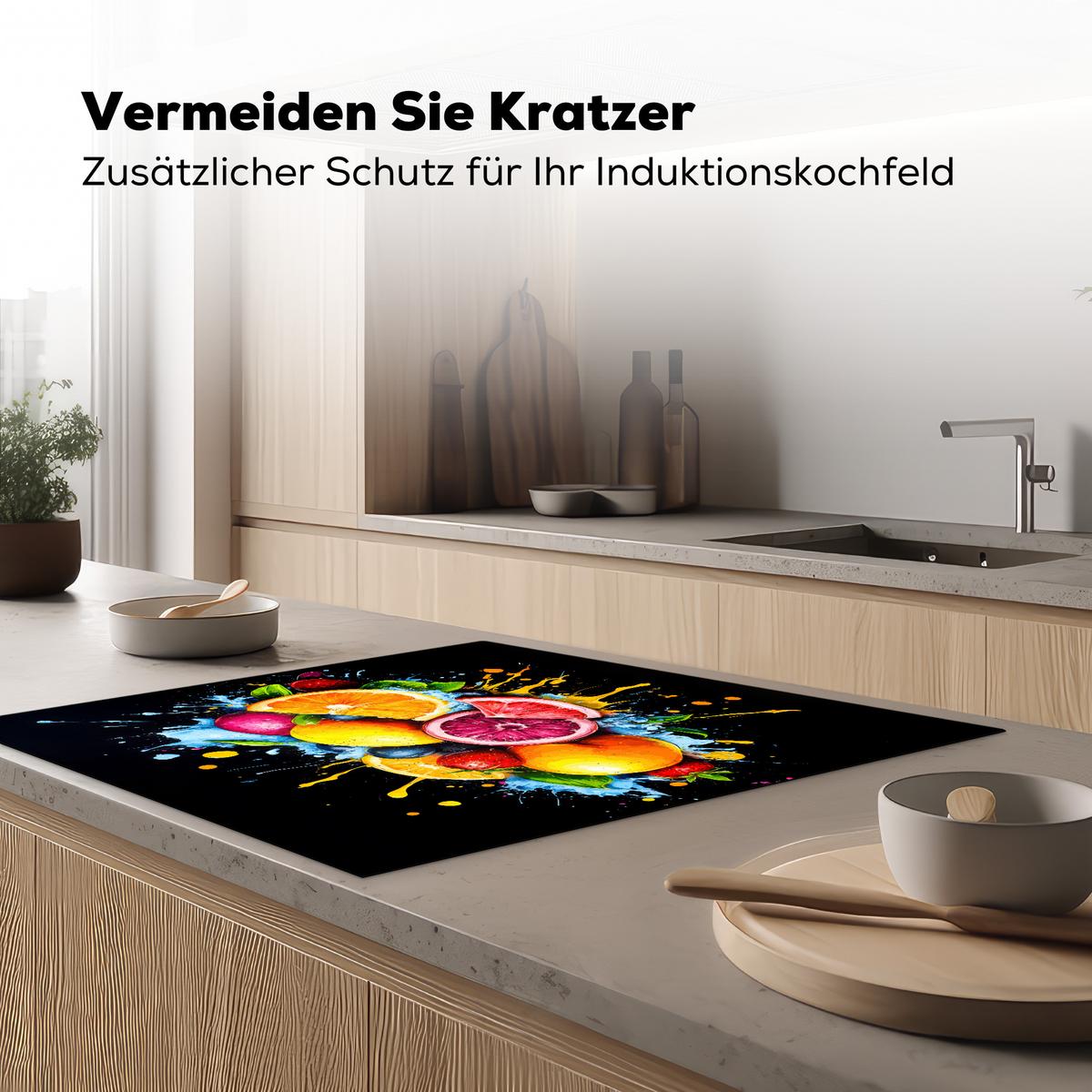 HERDABDECKPLATTE Obst - Graffiti - Bunt - Orange - Erdbeere - Abstrakt Induktionsmatte 78x78 cm - Orange, Kunststoff (78/78/0.2cm) - MuchoWow