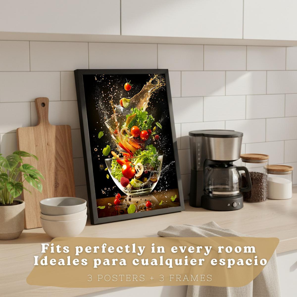 POSTER 3er Set Küchen-Wandbilder Dessert Salat und Obst Splash Fotografie Schwarzer Hintergrund Esszimmer Schwarzer Rahmen A4 - Schwarz, Papier (29.7/1/21cm) - Nacnic