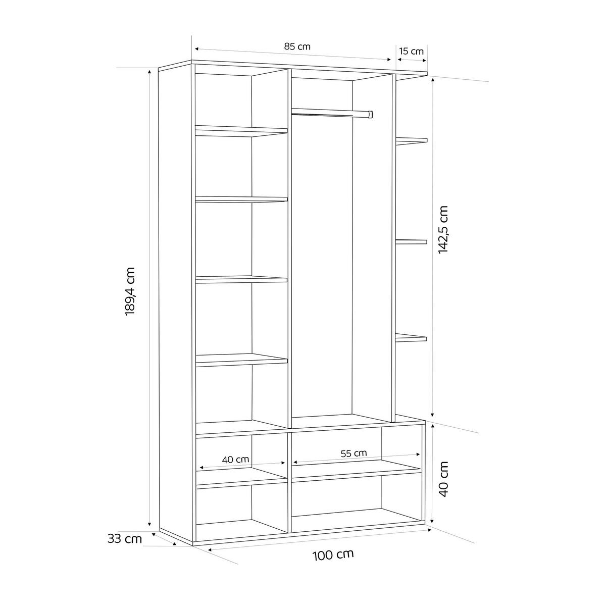 GARDEROBE mit Spiegel ELIOR - Naturfarben, Holz (100/189.4/33cm) - Idohome