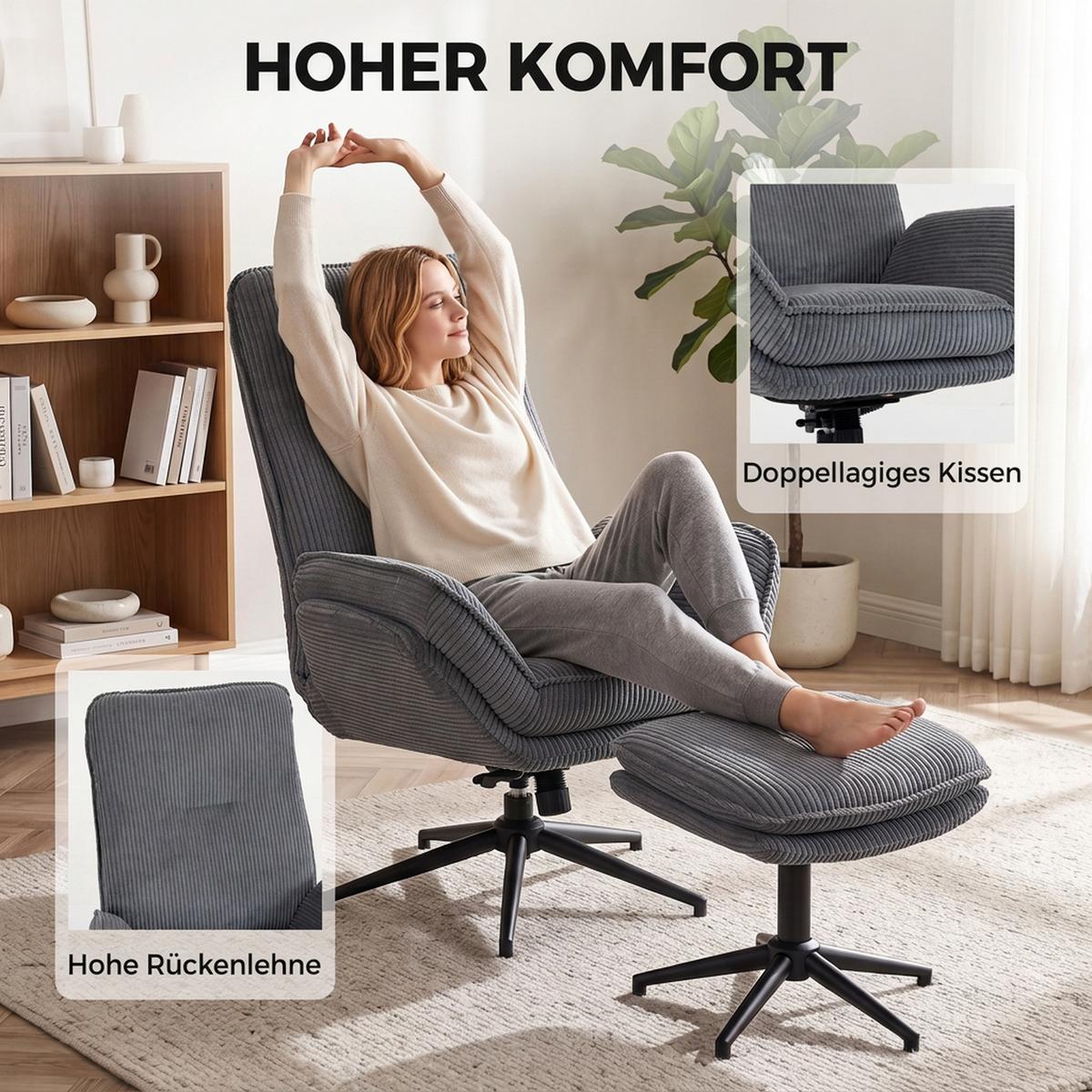 RELAXSESSEL mit Hocker Polyester Grau - Schwarz/Grau, Textil/Metall (72/107/83cm) - HOMCOM