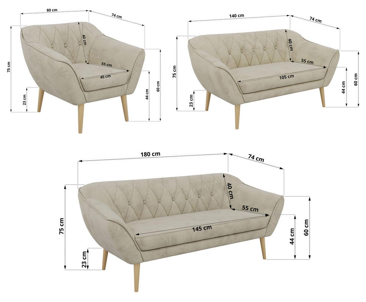 SITZGARNITUR PIRS 3+2+1 - Beige Velvet - Holzbeine - Beige/Buchefarben, Holzwerkstoff/Textil (180/75/74cm) - MKS