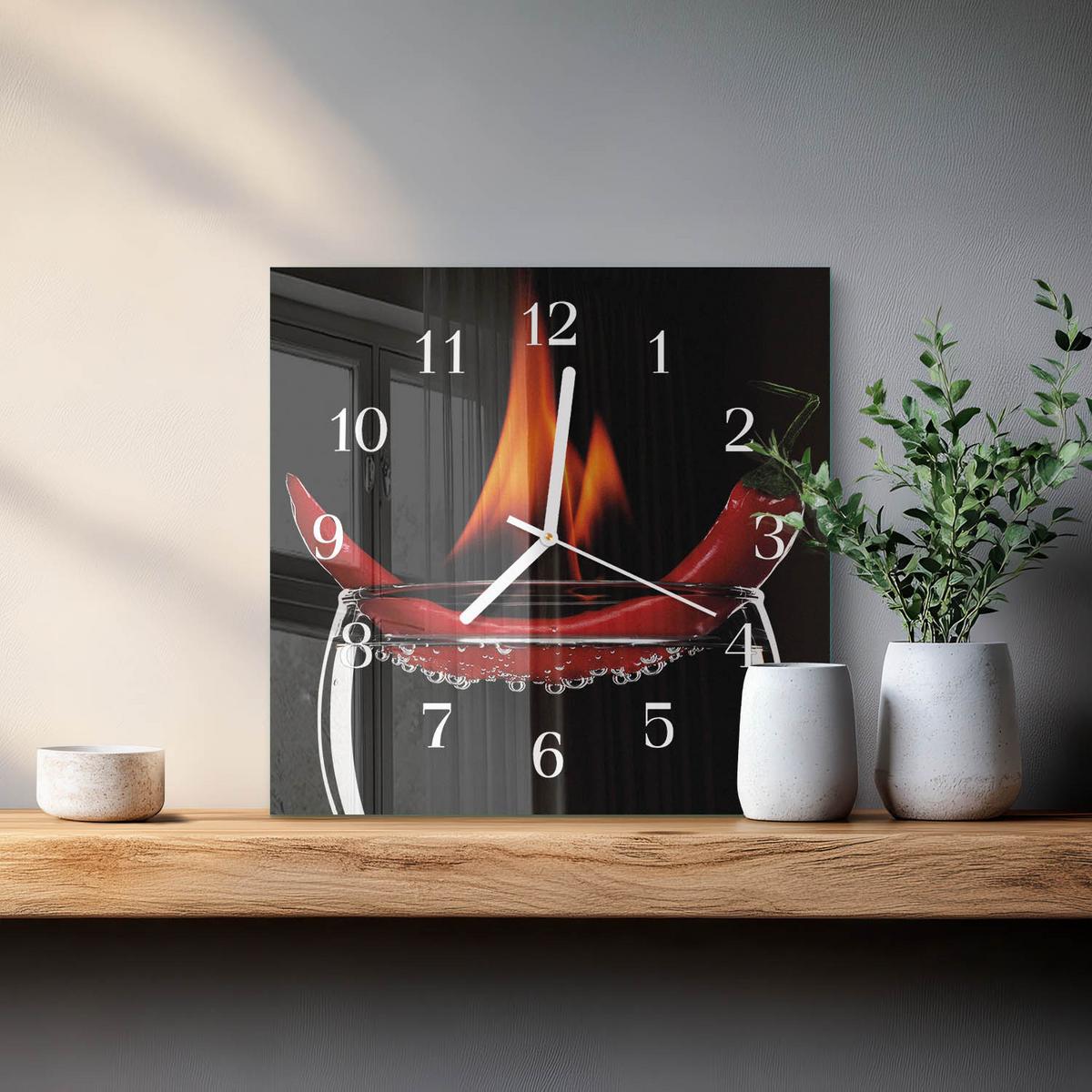 WANDUHR aus Glas 30x30 cm - Chili-Feuer - Rot, Glas (30/30/0.4cm) - TULUP