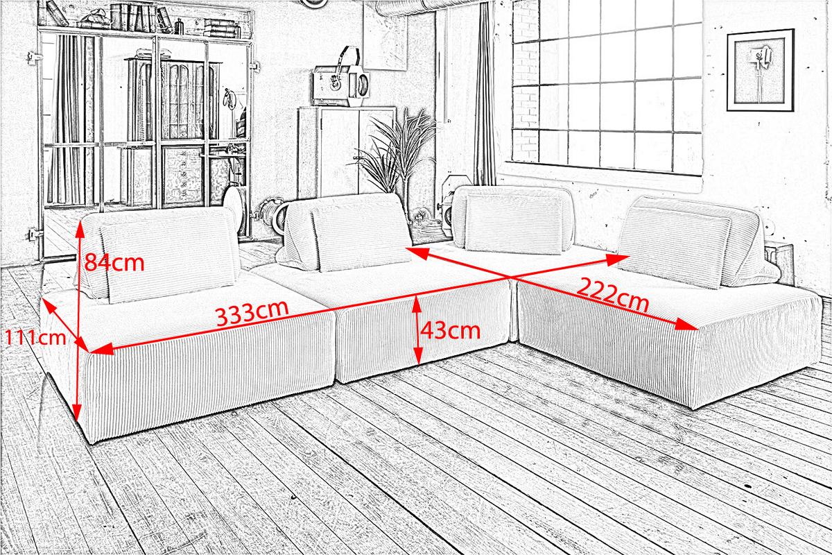 MODULSOFA WIOLO SOFT 4 MODULE 4 KISSEN Hellgrau Cord - Hellgrau/Schwarz, Kunststoff/Textil (333/84/222cm) - KAWOLA