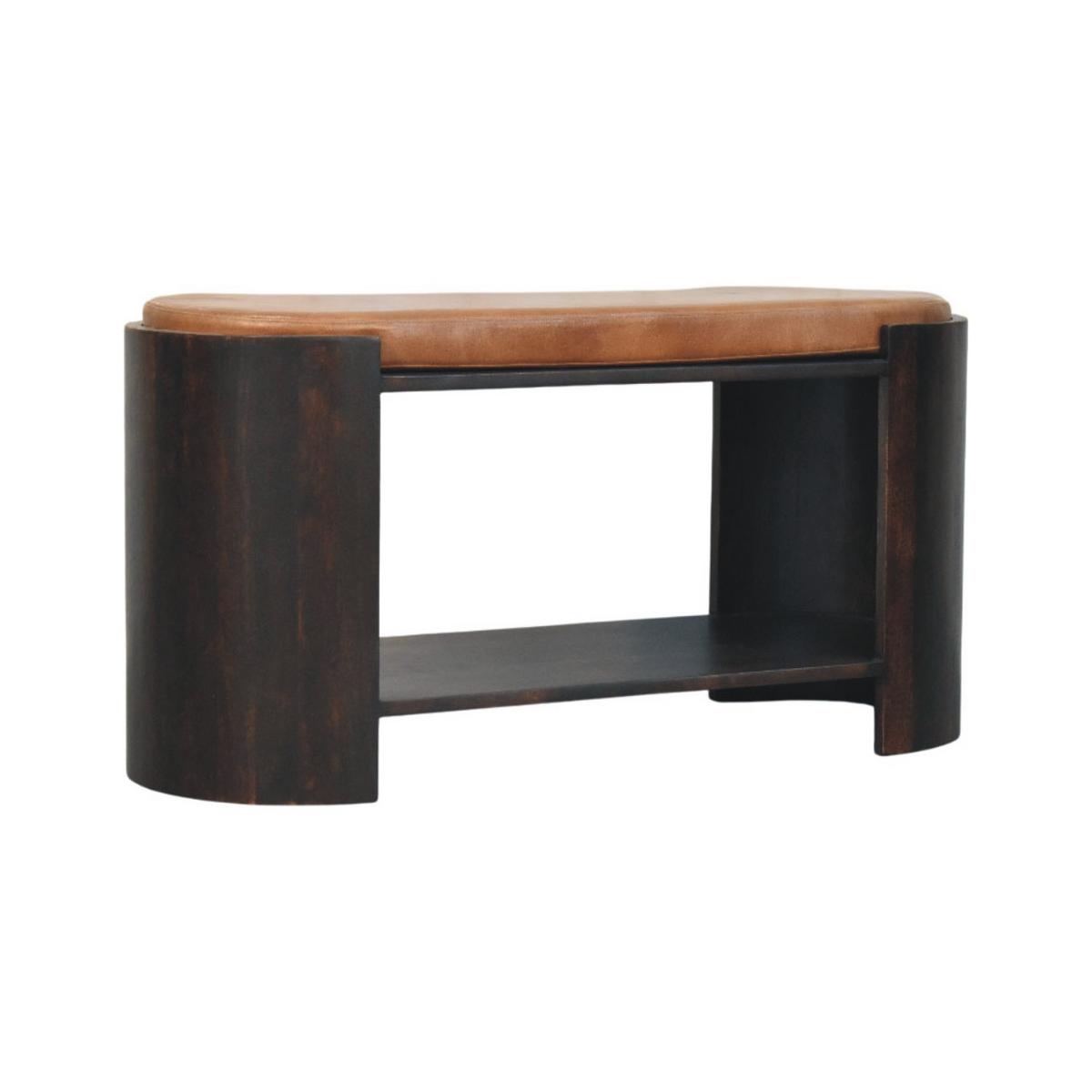 SITZBANK mit Samt-Mokka-Finish, 1 offene Ablage, Bezug aus echtem Leder, dunkelbraun - Dunkelbraun/Braun, Leder/Holz (90/44/35cm) - Artisan Furniture