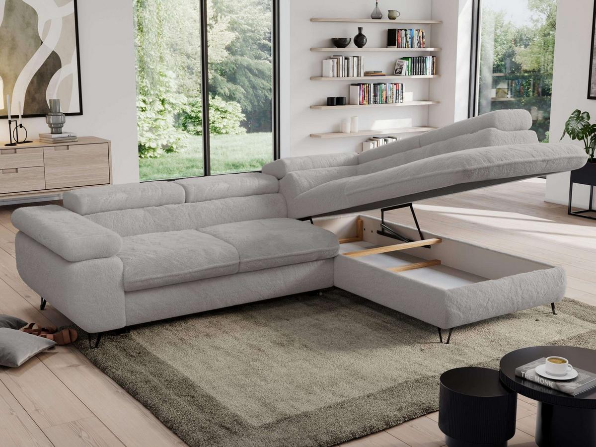ECKSOFA PEDRO L Hellgrau Plüsch - Rechts Seite - Hellgrau/Schwarz, Textil/Metall (273/208cm) - MKS