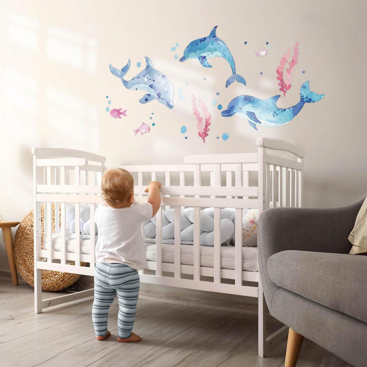 WANDAUFKLEBER 100x155cm - Blaue Delfine - Multicolor, Kunststoff (100/155/0.1cm) - Wallfluent
