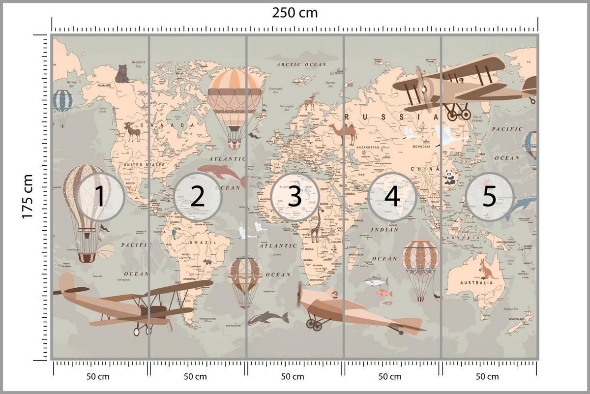 FOTOTAPETE für Kinderzimmer Retro Weltkarte Balony Flugzeuge 250x175 - Beige/Orange, Papier (250/175cm) - Muralo
