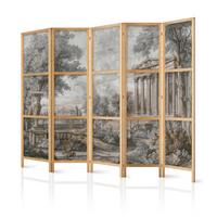 PARAVENT Japanischer 5-tlg 225x172 cm Antike Landschaft - Grau, Holz/Textil (225/172/3cm) - Muralo