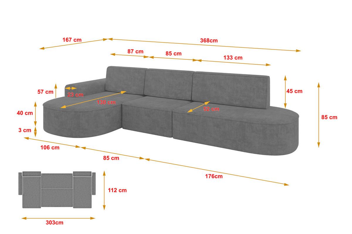 ECKSOFA mit Schlaffunktion Ottomane Links MARI L2-S 368X167X85 Grau Velours - Anthrazit/Schwarz, Holzwerkstoff/Kunststoff (368/167cm) - ALTDECOR