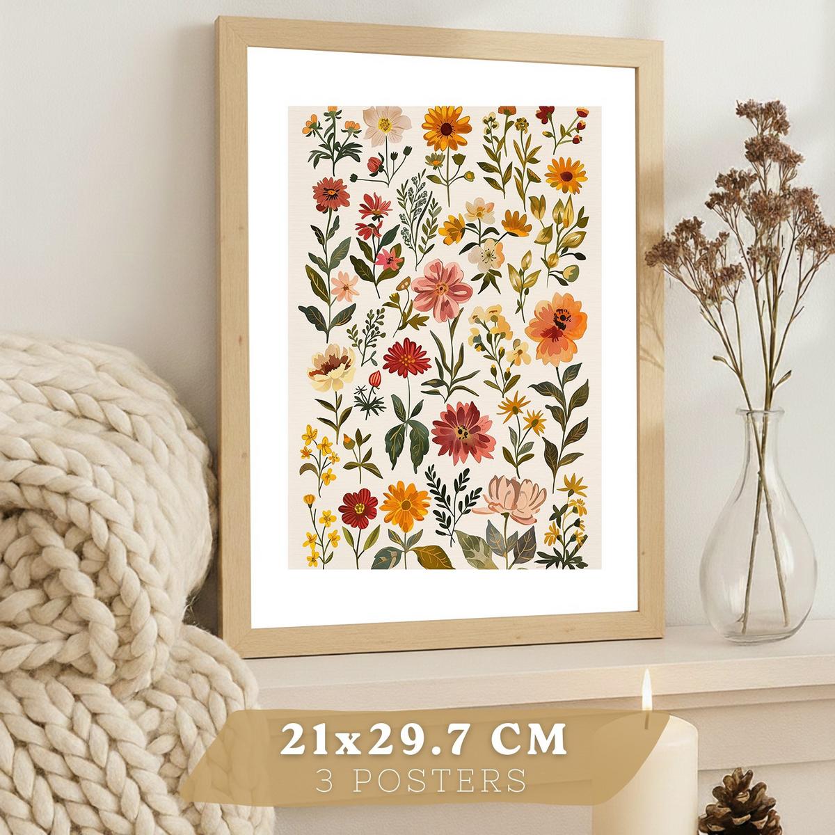 POSTER 3er-Set Wandbilder Wildblumen modern Wohnzimmer Deko, Schlafzimmer, Küche, Badezimmer Leichter Holzrahmen A4 - Beige, Papier (29.7/1/21cm) - Nacnic