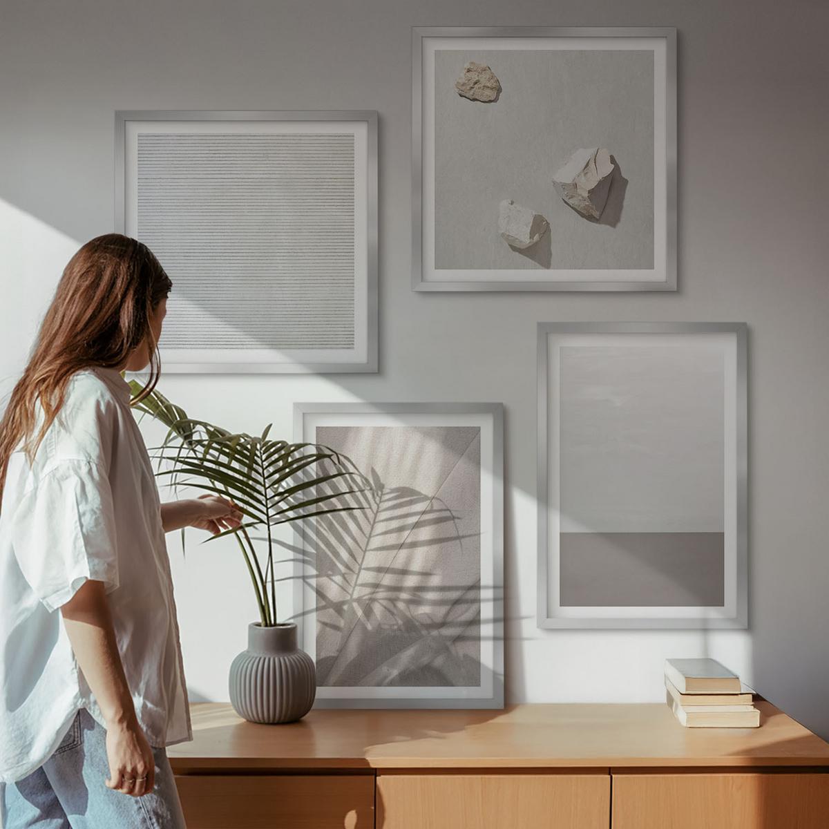 BILDER SET 4er Set - 50x50 cm & 40x60 cm Silberner Rahmen - Zarte Boho-Texturen der Natur - Silberfarben, Kunststoff (50/50cm) - TULUP