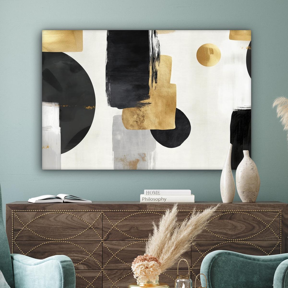 LEINWANDBILD Gold - Rechtecke - Kreise - Abstrakt Wohnzimmer Groß 120x80 cm - Weiß, Textil (120/80cm) - MuchoWow