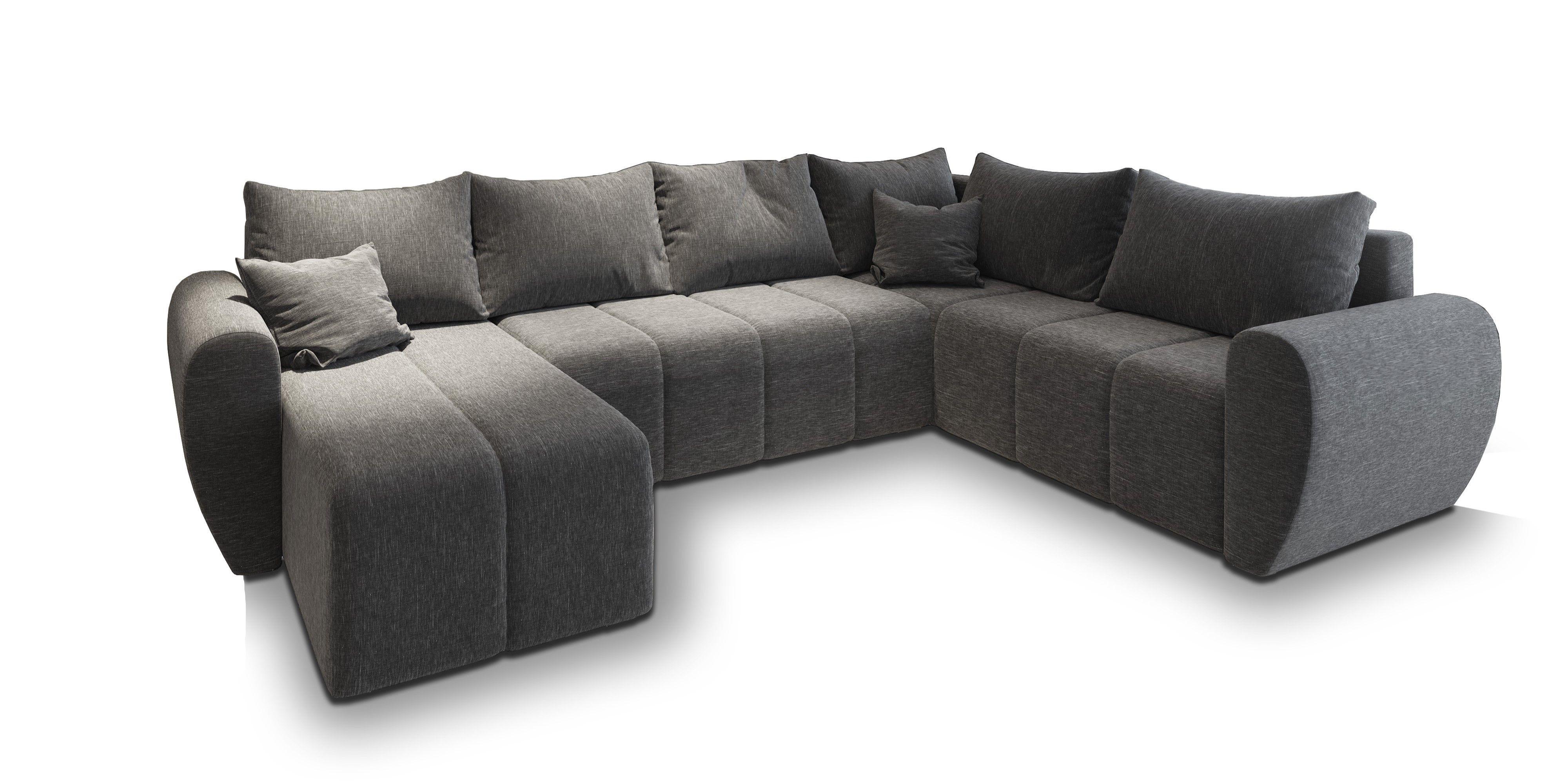 WOHNLANDSCHAFT MADISON XL R-S Hellgrau Dünner Stoff mit Schlaffunktion - Hellgrau/Schwarz, Holz/Kunststoff (303/82/208cm) - MASSENO