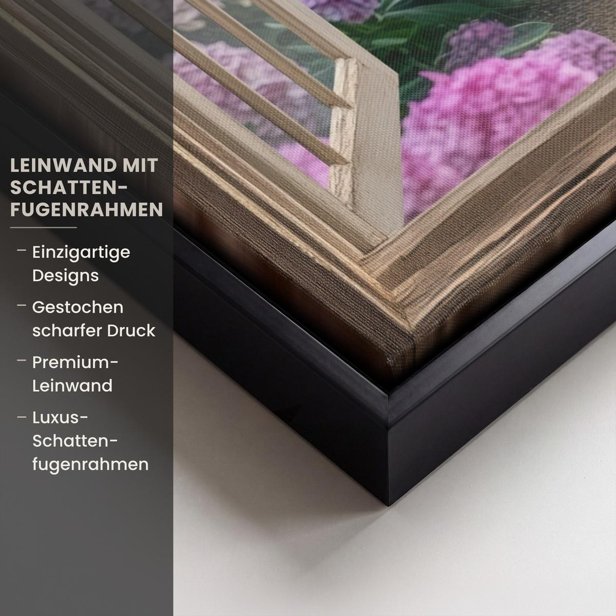 LEINWAND Bilder mit Rahmen - Aussicht - Garten - Fenster - Hortensie - Blumen - 70x100 - Pastellblau, Textil (70/100cm) - MuchoWow