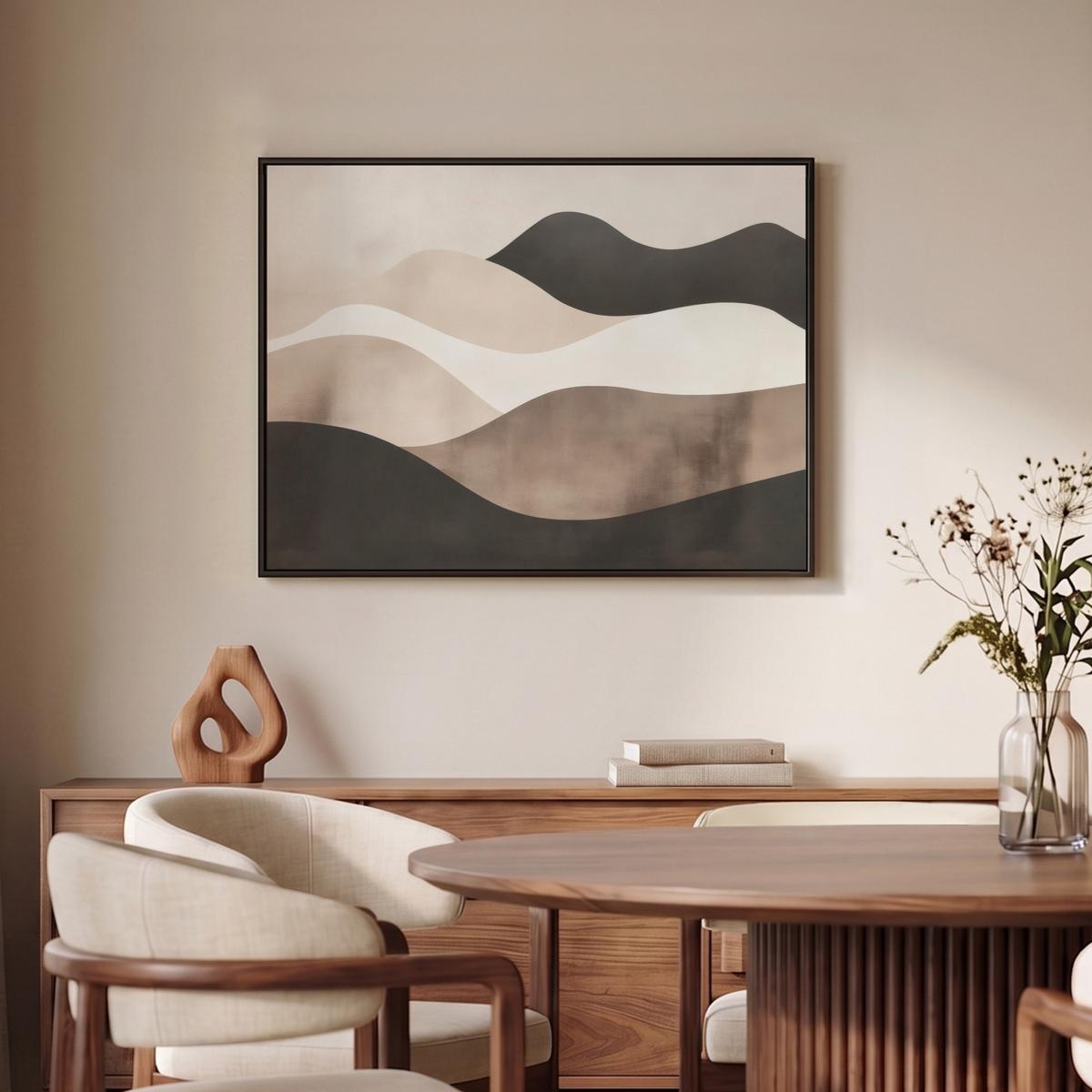 LEINWAND Bilder mit Rahmen - Abstrakt - Landschaft - Wellen - Cremefarben - 80x60 - Cappuccino, Textil (80/60cm) - MuchoWow