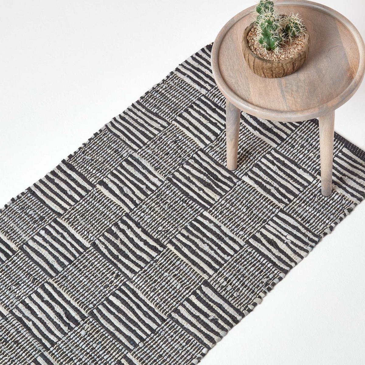LEDERTEPPICH-LÄUFER geometrisch mit Webmuster 66/200 cm - Schwarz, Leder (66/200cm) - Homescapes