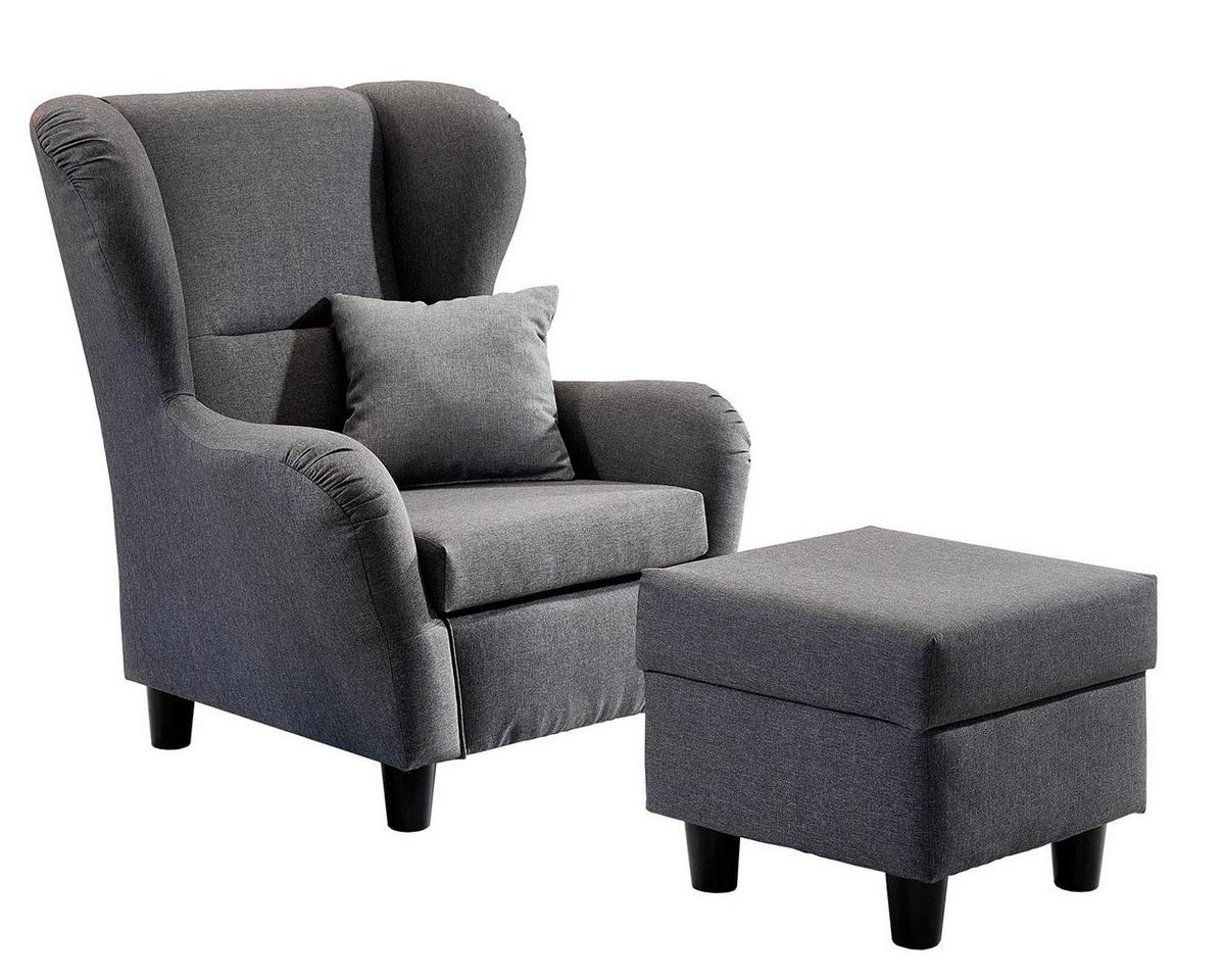 OHRENSESSEL mit HOCKER, hoher Sitzkomfort durch Wellenunterfederung B90/H98/T76 cm, Strukturstoff Grau / 18001 - Schwarz/Grau, Holz/Textil (90/98/76cm) - luma-home