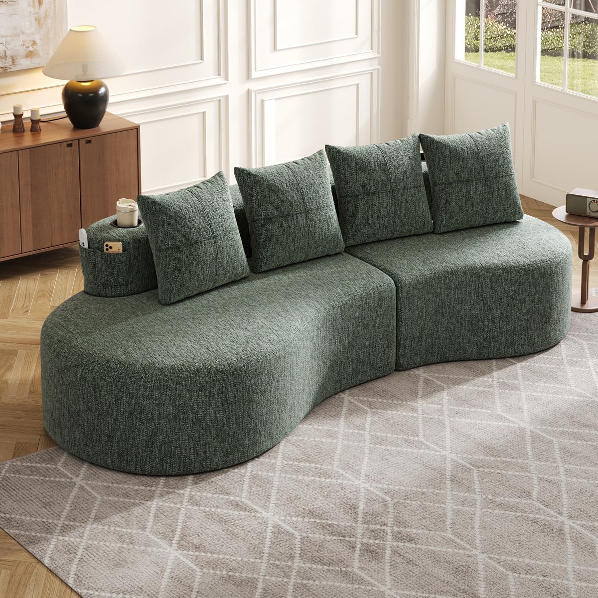 3-SITZER SOFA leinenstoff farbwahl mit getränkehalter & seitentaschen - Grün, Textil (240/63/109cm) - Urban Meuble