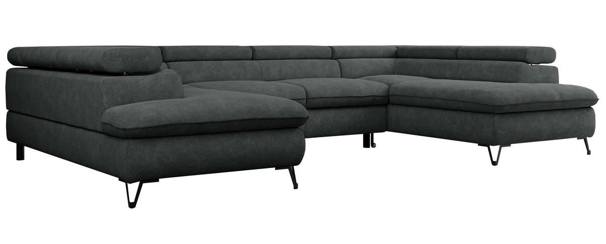 WOHNLANDSCHAFT PEDRO U Struktur Dunkelgrau - Dunkelgrau/Schwarz, Textil/Metall (346/76/208cm) - MKS