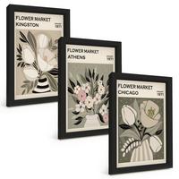 BILDER SET 3er Set - 20x30 cm Schwarzer Rahmen - Retro-Blumenarrangements - Schwarz, Kunststoff (20/30cm) - TULUP