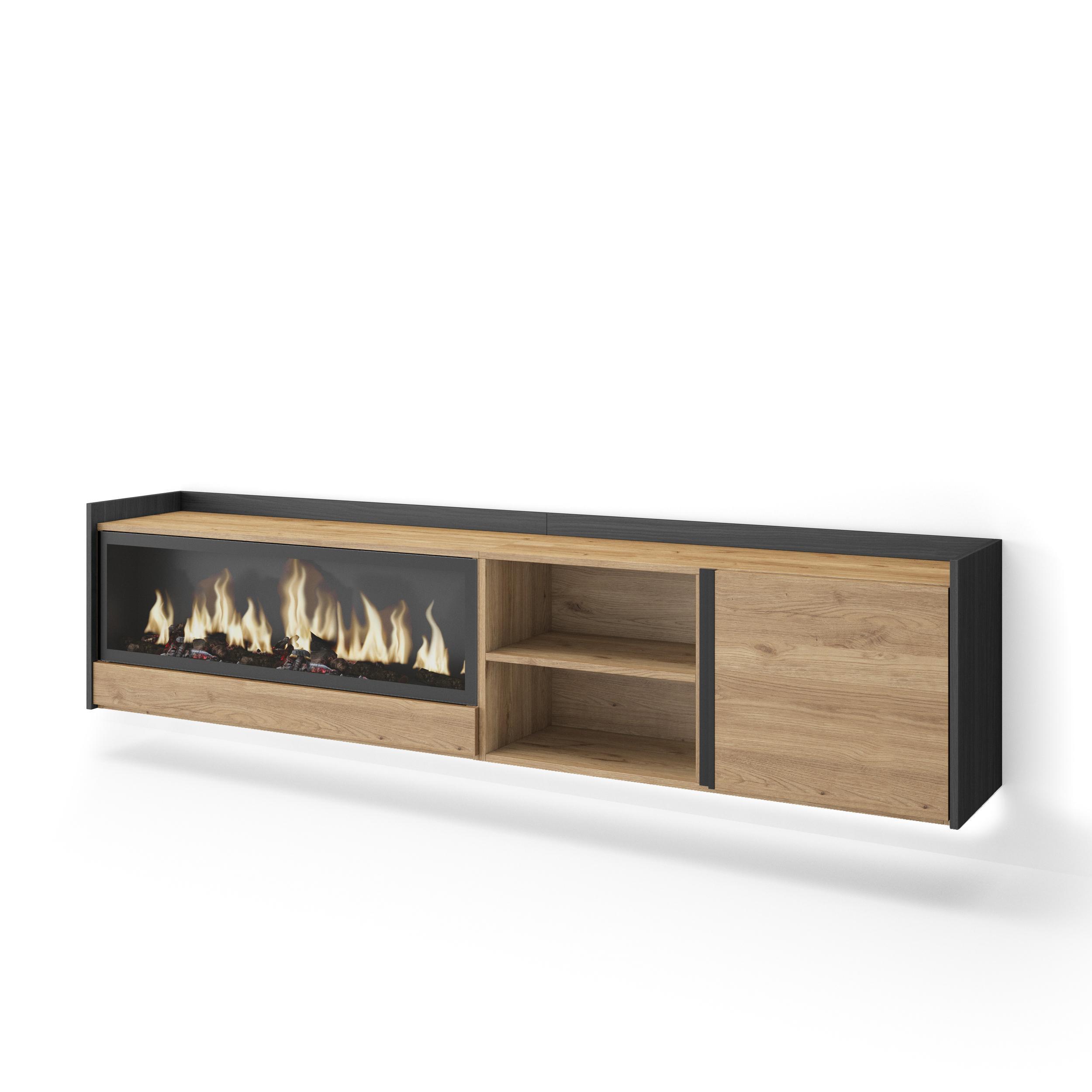 LOWBOARD, Eiche und Schwarz, 212/35/50cm, Kamin mit Feuereffekt XXL - Eichefarben, Holzwerkstoff (212/50/35cm) - Skraut Home