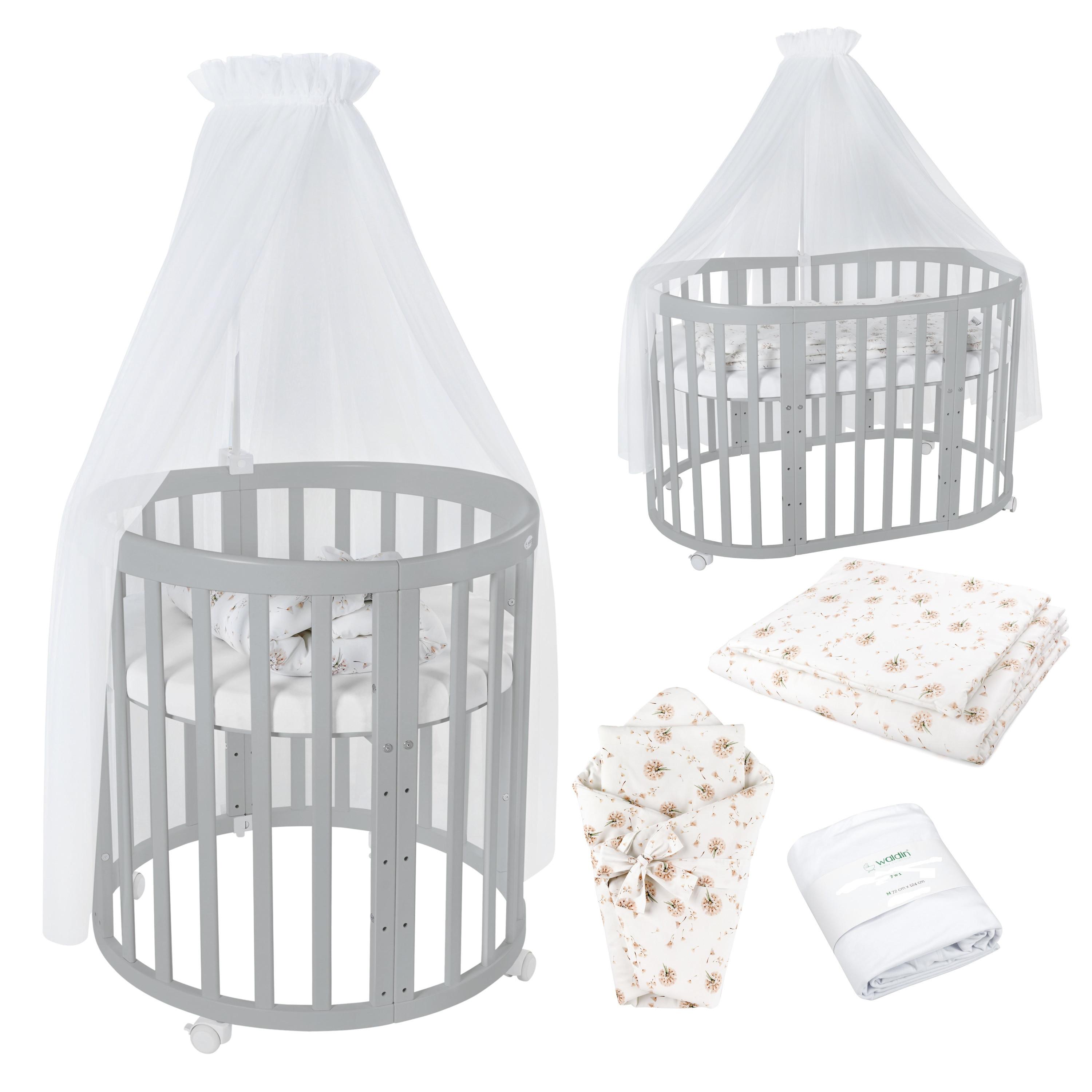 BABYBETT GREY OVAL 7in1 mit Matratze und Himmelset - Weiß/Braun, Holz/Textil (73/125cm) - waldin
