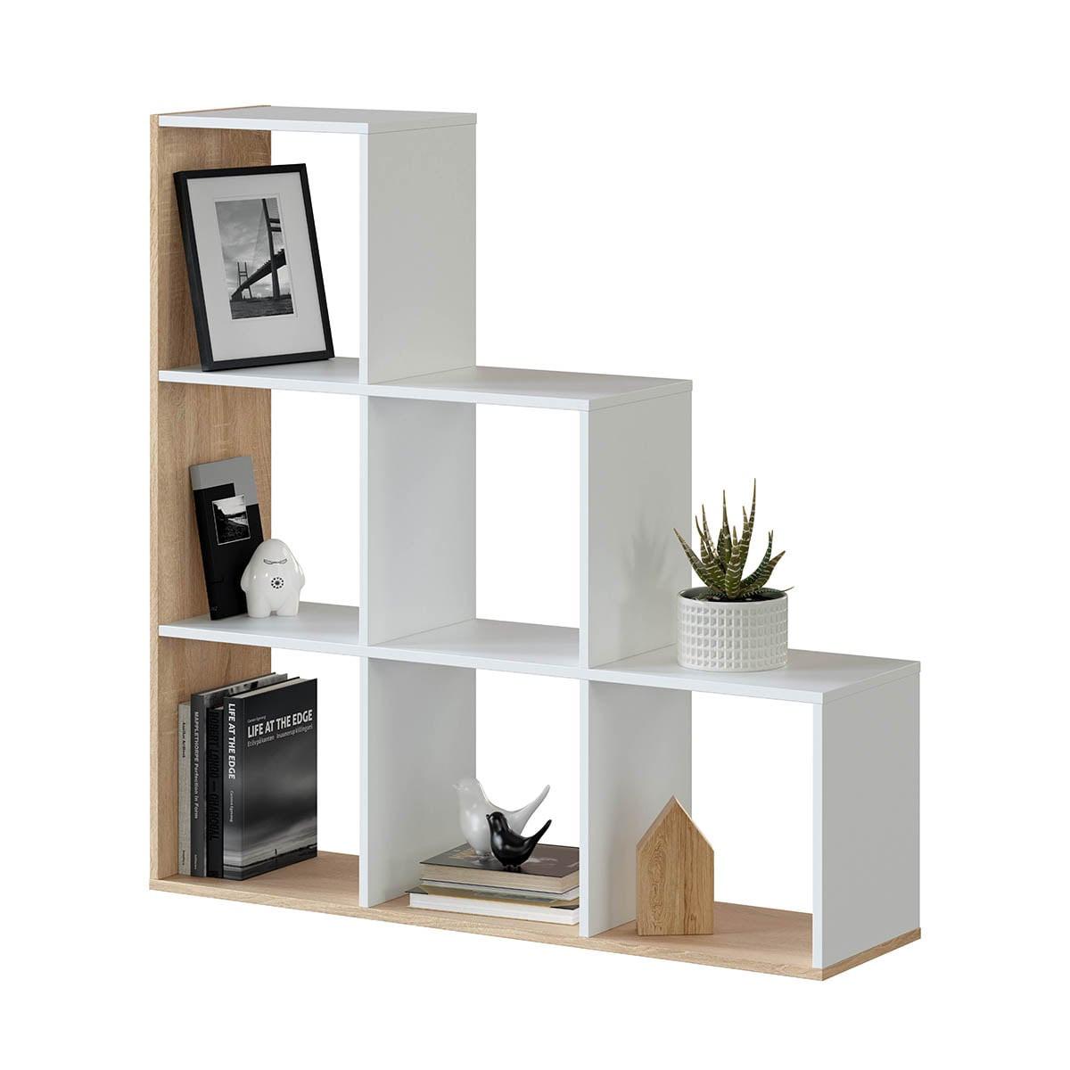 BÜCHERREGAL Treppe 6 Fächer Step - H110 cm - Weiß, Holzwerkstoff (28/110/9.6cm) - Calicosy
