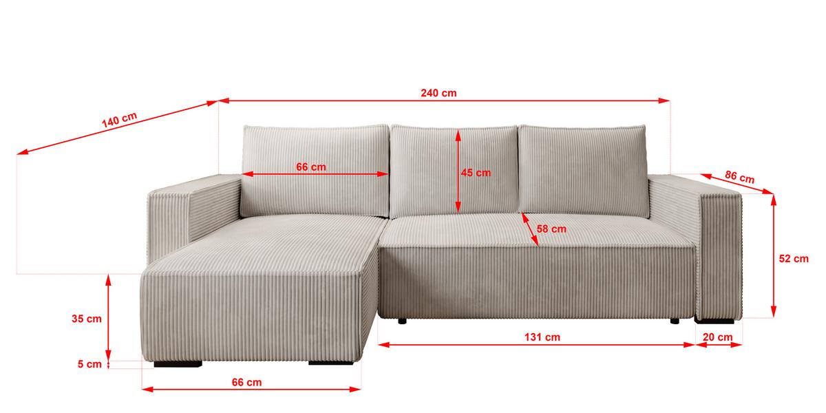 ECKSOFA CUDDY L, Eckcouch in L-Form mit Schlaffunktion und Bettkasten, Farbe: Hellgrau, Cordstoff, Ottomane Links - Hellgrau, Textil (240/140cm) - Storez24