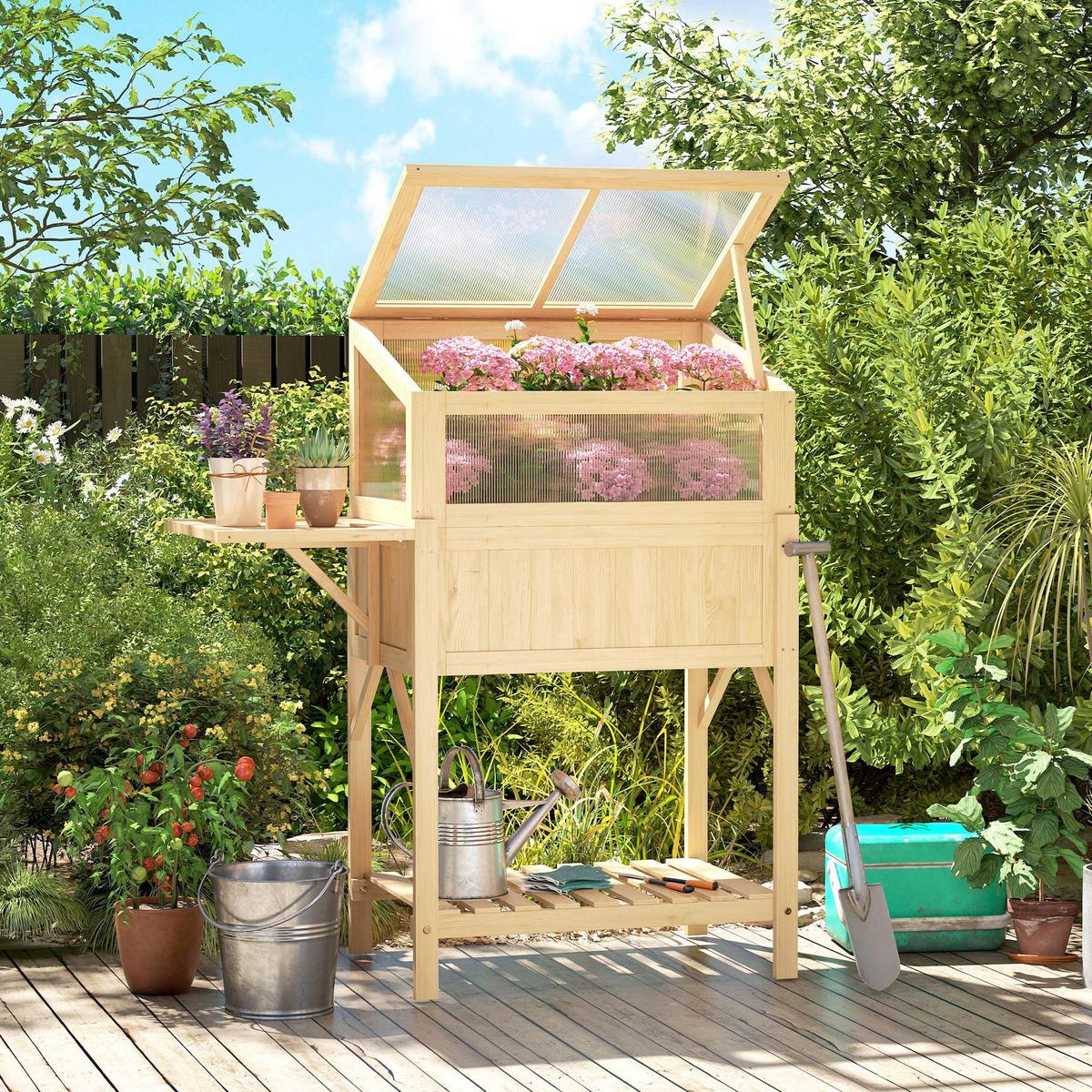 HOCHBEET mit Frühbeetaufsatz aus Holz Pflanzkasten mit Gewächshaus Seitentisch - Naturfarben, Holz (50/120/104cm) - Outsunny