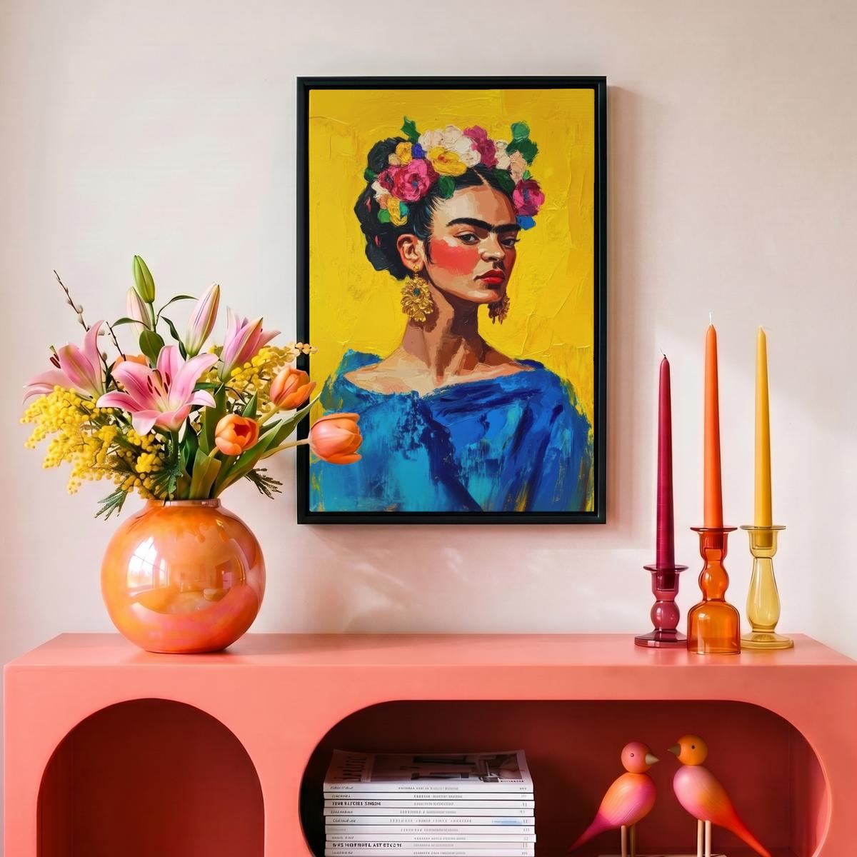LEINWAND Bilder mit Rahmen - Frida Kahlo - Frau - Gelb - Blau - Blumen - 20x30 - Gelb, Textil (20/30cm) - MuchoWow