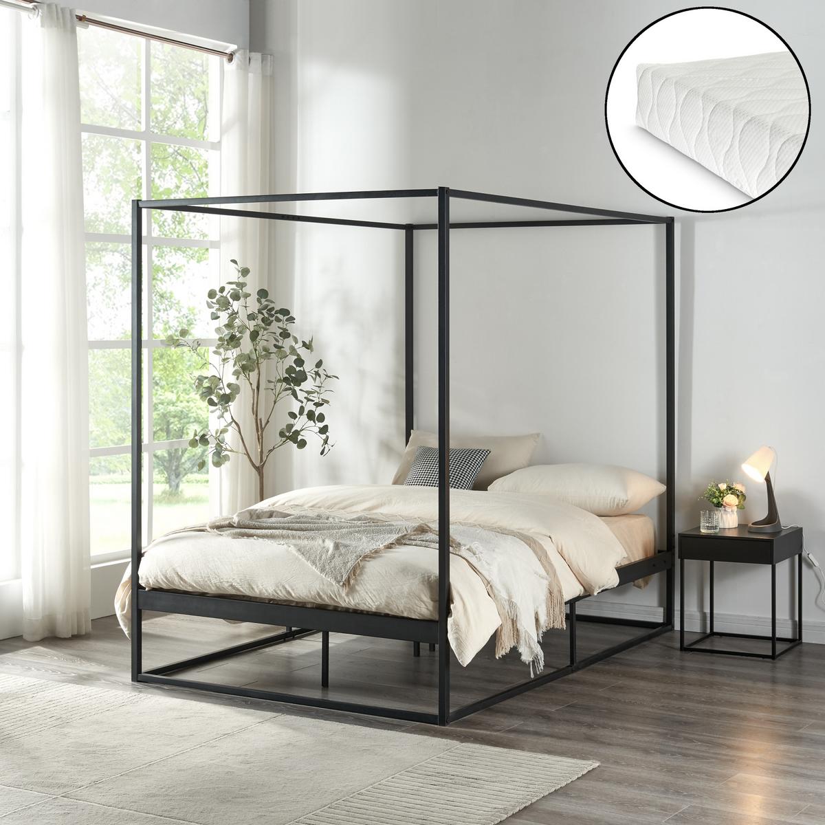 HIMMELBETT Kristianstad mit Matratze - Schwarz, Textil/Metall (120/200cm) - [en.casa]