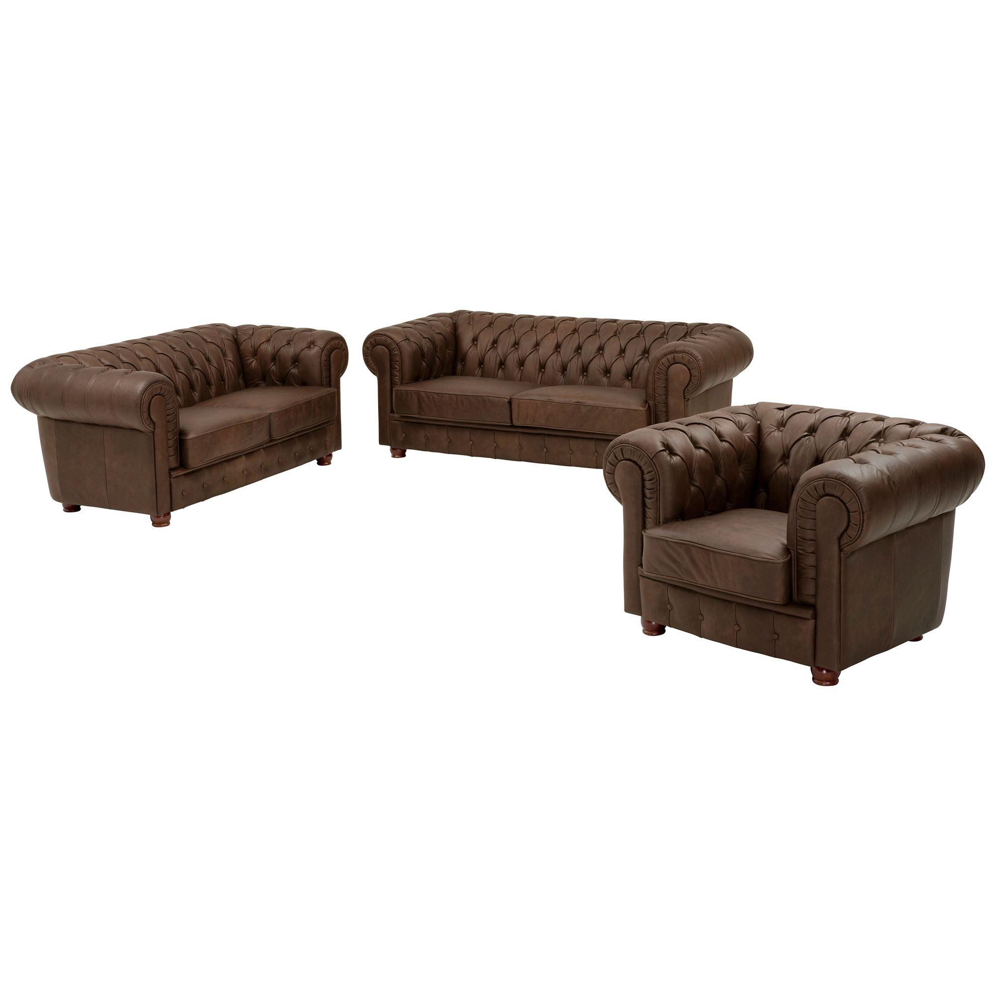 SOFAGARNITUR 3-2-1 Kalea Echtleder (Antikoptik) braun - Braun, Leder (200/76/98cm) - 58aufmkessel