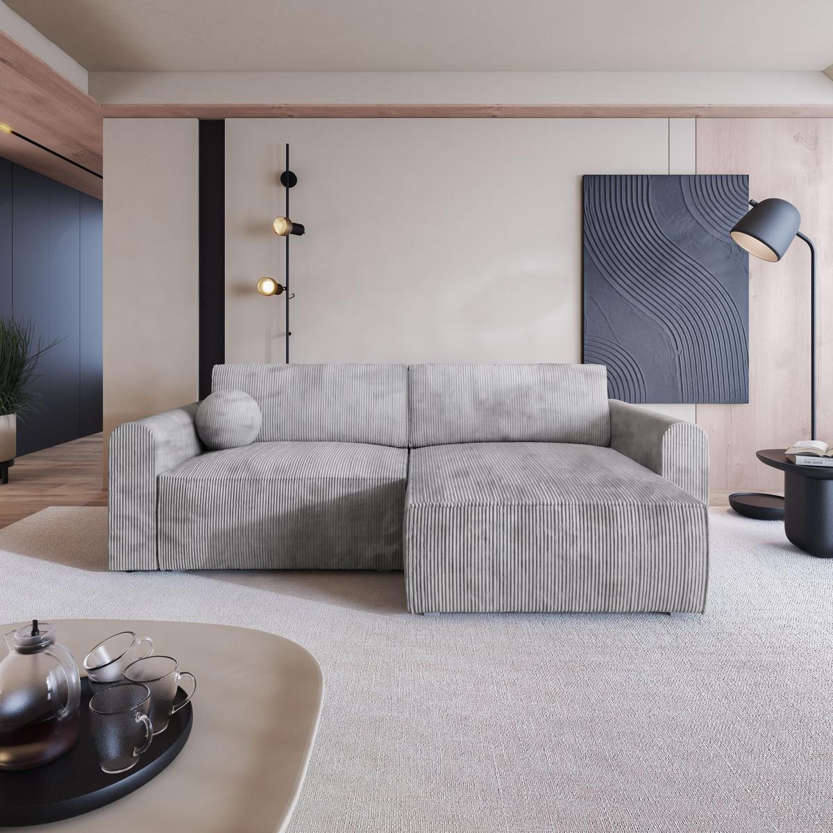 ECKSOFA FIANO P Hellgrau Kordstoff mit Schlaffunktion - Hellgrau/Grau, Holz/Kunststoff (245/148cm) - MASSENO