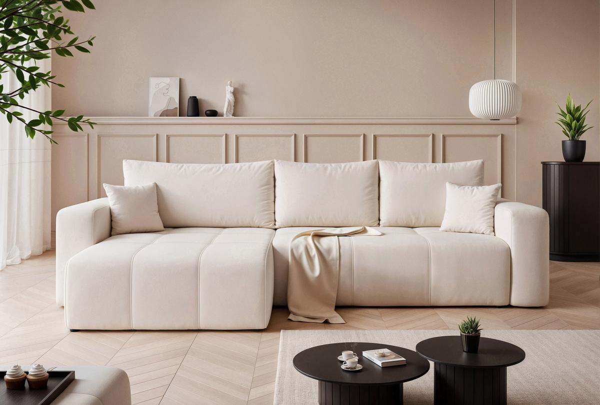 ECKSOFA XL Velours mit Bettkasten und Schlaffunktion - Creme, Holzwerkstoff/Textil (278/145cm) - Idohome