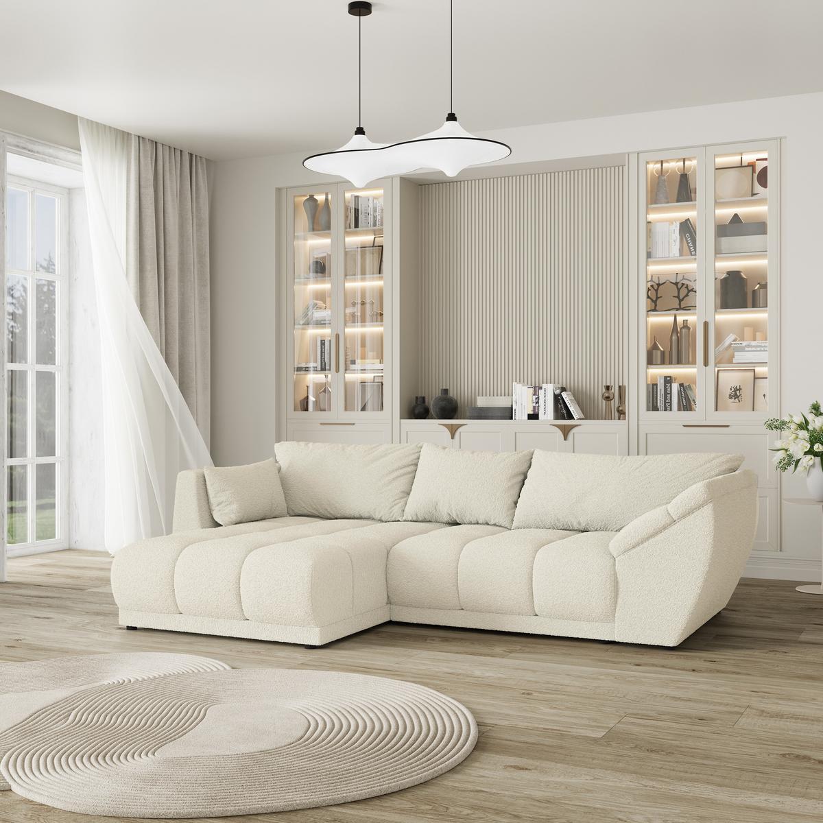 ECKSOFA ORENTI L-S Creme Boucle-Stoff mit Schlaffunktion - Creme, Holz (287/182cm) - MASSENO