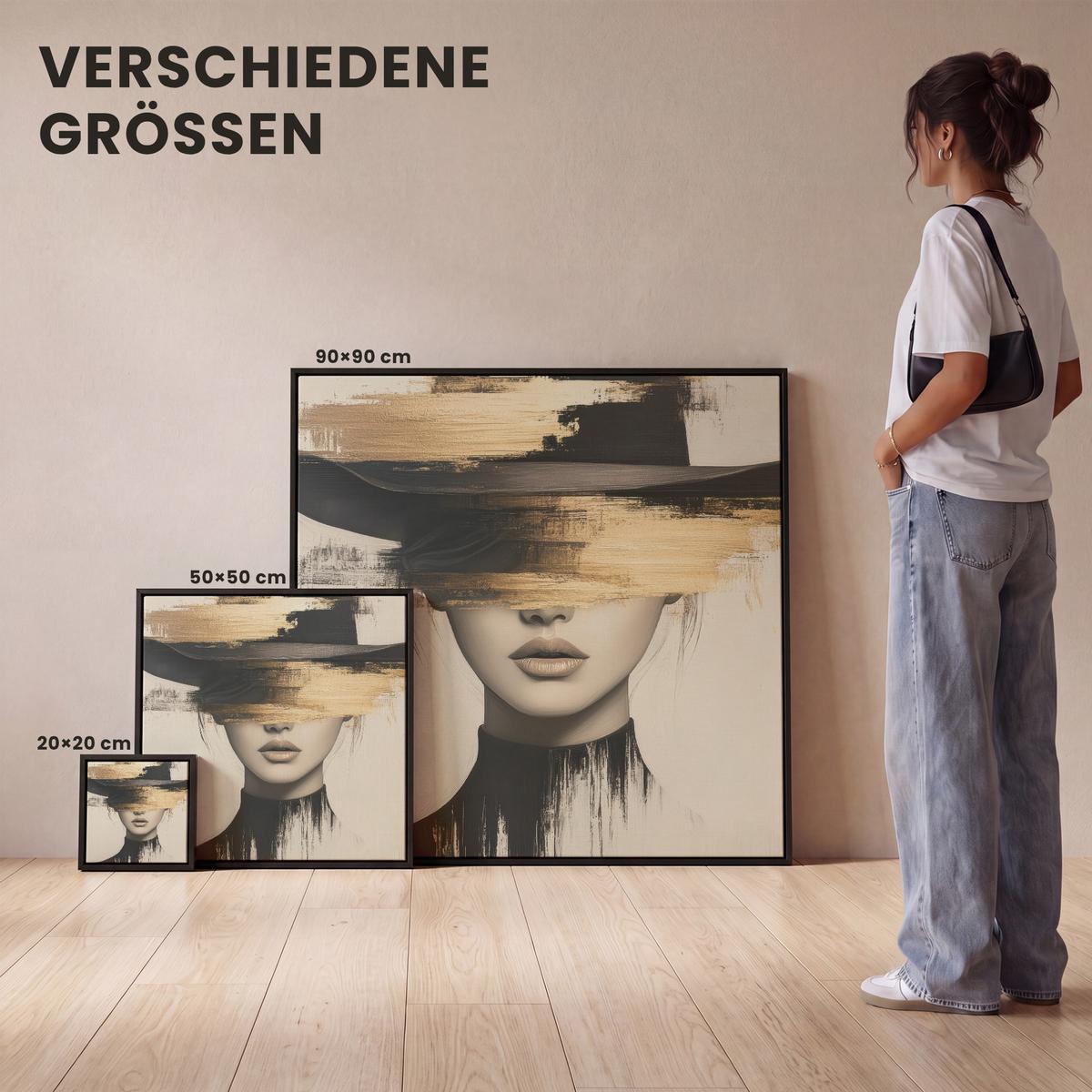 LEINWAND Bilder mit Rahmen - Frau - Hut - Farbe - 20x20 - Goldfarben, Textil (20/20cm) - MuchoWow
