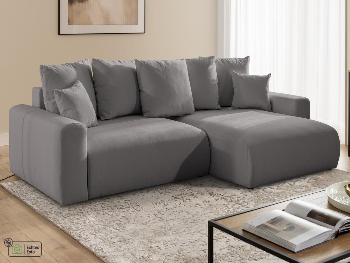 ECKSOFA Calma mit Schlaffunktion und Bettkasten im Bumpy-Design aus weichem Taupe Webstoff - Ottomane rechts - Taupe/Schwarz, Holz/Kunststoff (140/239cm) - S-Style
