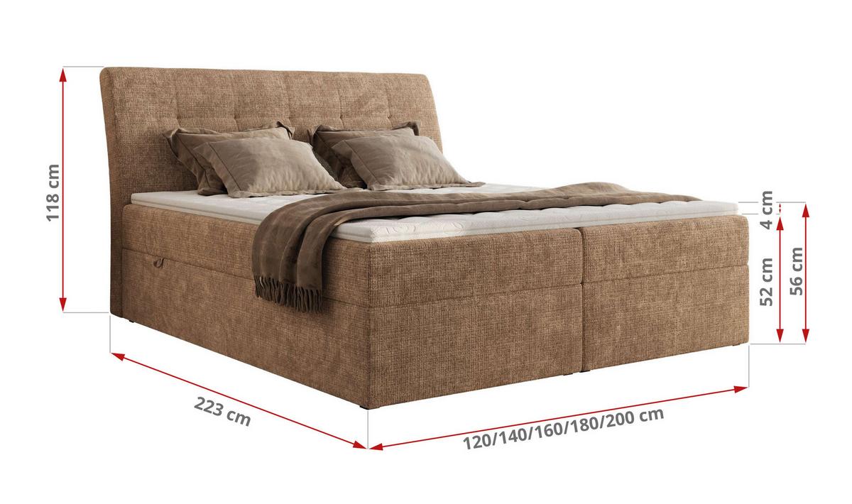 BOXBETT DAGOS 120/200 - Hellbraun Schenille grob gewebt - H3 - Topper Visco - Hellbraun, Textil (120/200cm) - MKS