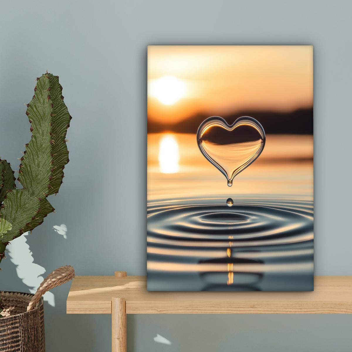 LEINWANDBILD Herz - Wasser - Sonnenuntergang - Natur - Zen Deko Wohnzimmer 20x30 cm - Bernsteinfarben, Textil (20/30cm) - MuchoWow