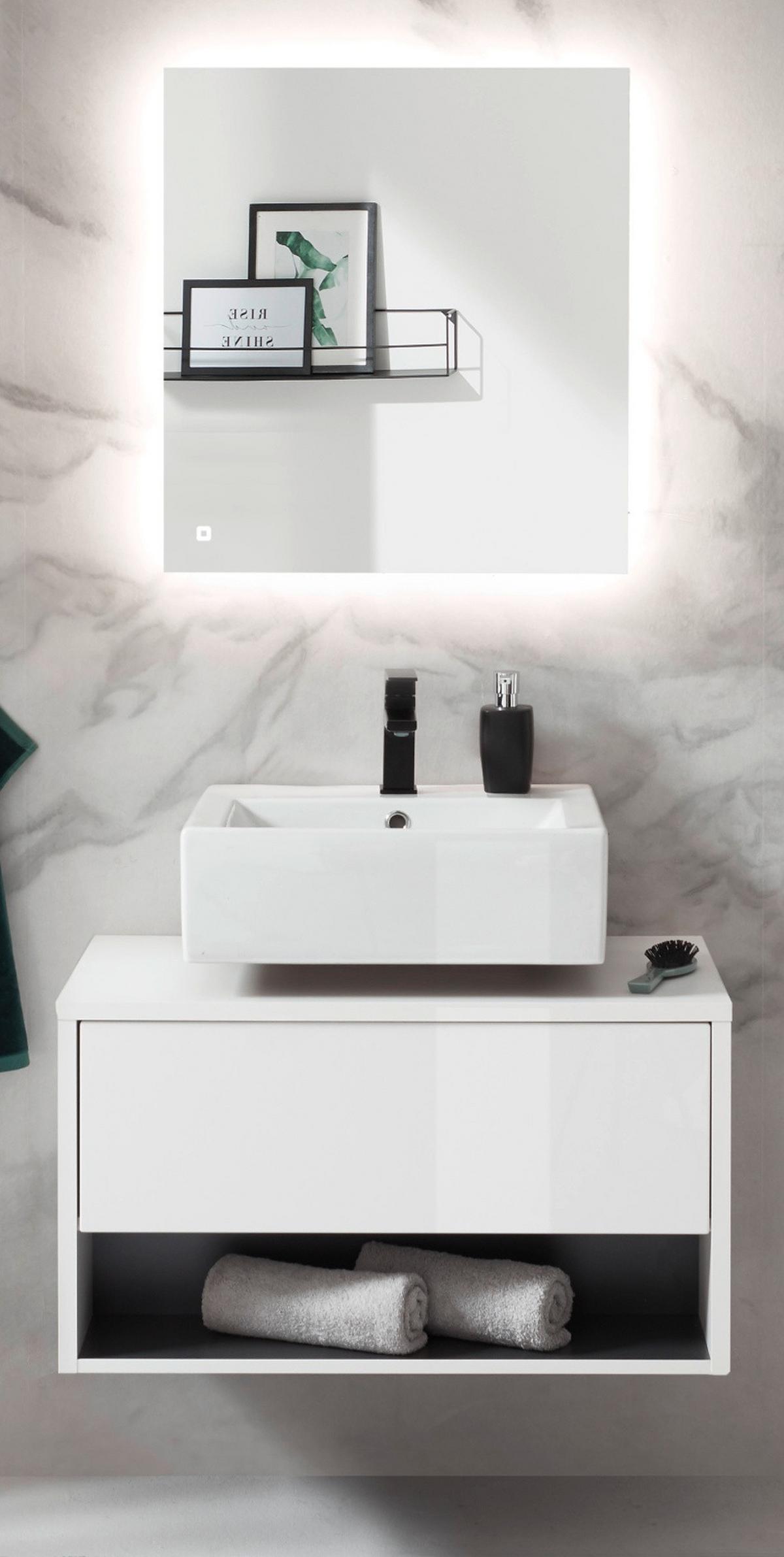 BADMÖBEL-SET 2-teilig weiß Hochglanz, grau mit LED Beleuchtung 80 cm - Weiß Hochglanz/Grau, Glas/Holzwerkstoff (80/190/46cm) - Furn.Design