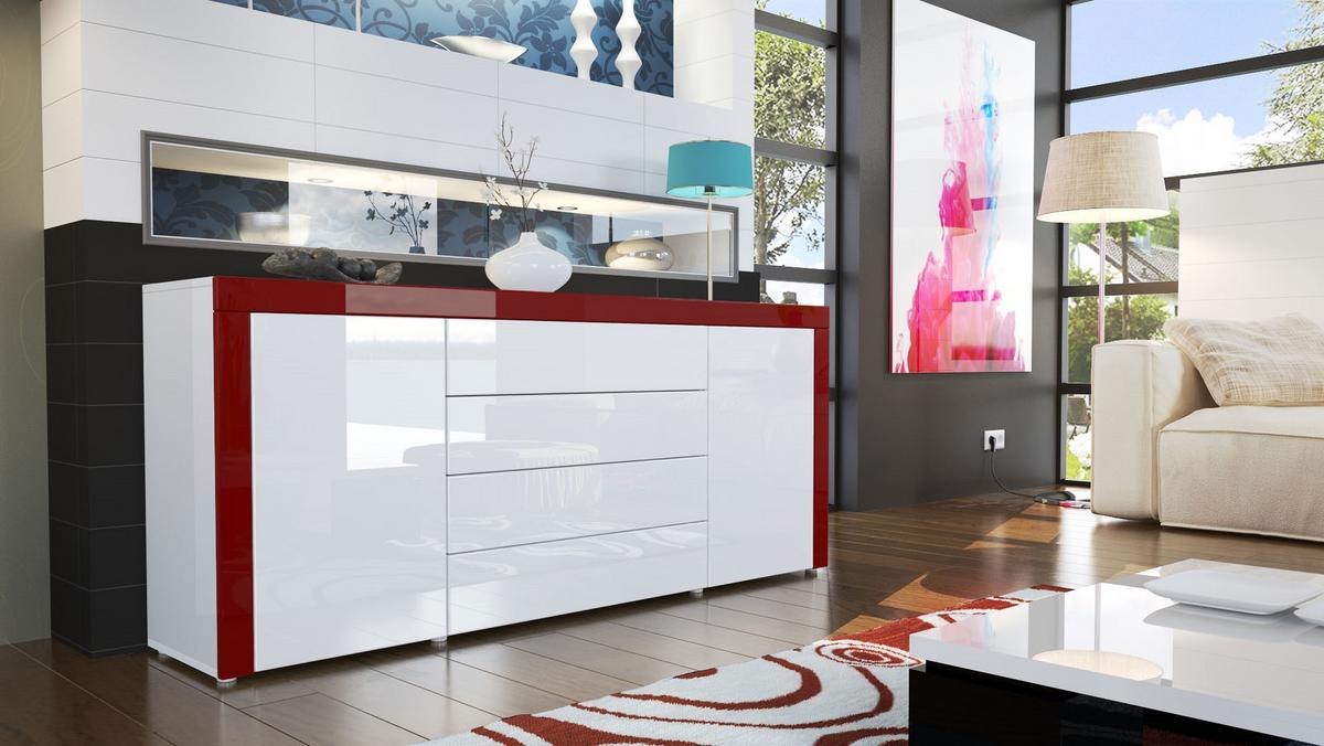 SIDEBOARD La Paz Weiß Hochglanz / Bordeaux Hochglanz - Weiß Hochglanz/Rot, Holzwerkstoff (167/72/35cm) - Vladon