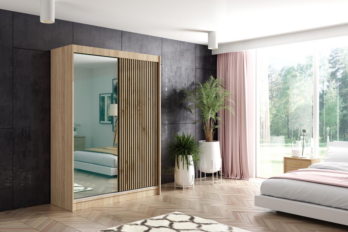 KLEIDERSCHRANK VILAN mit Spiegel/LED - 150 cm - Sonoma Eiche|Eiche Wotan - Eiche Wotan/Sonoma Eiche, Holzwerkstoff (150/215/61cm) - ALTDECOR