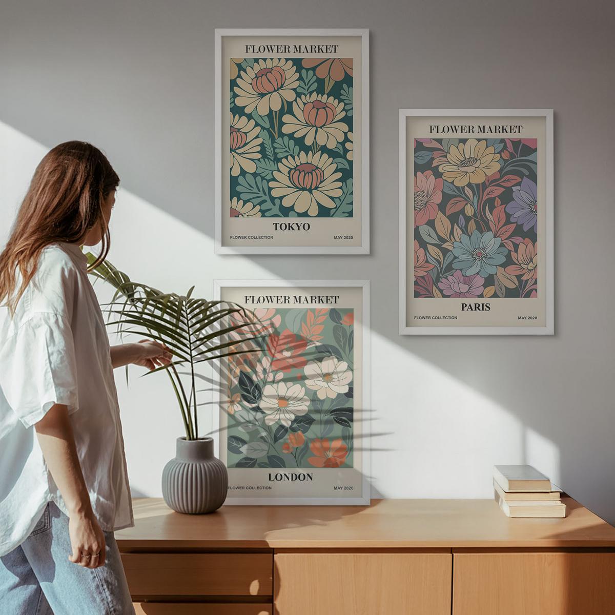 BILDER SET 3er Set - 40x60 cm Weißer Rahmen - Blumenposter Tokio Paris London - Weiß, Kunststoff (40/60cm) - TULUP