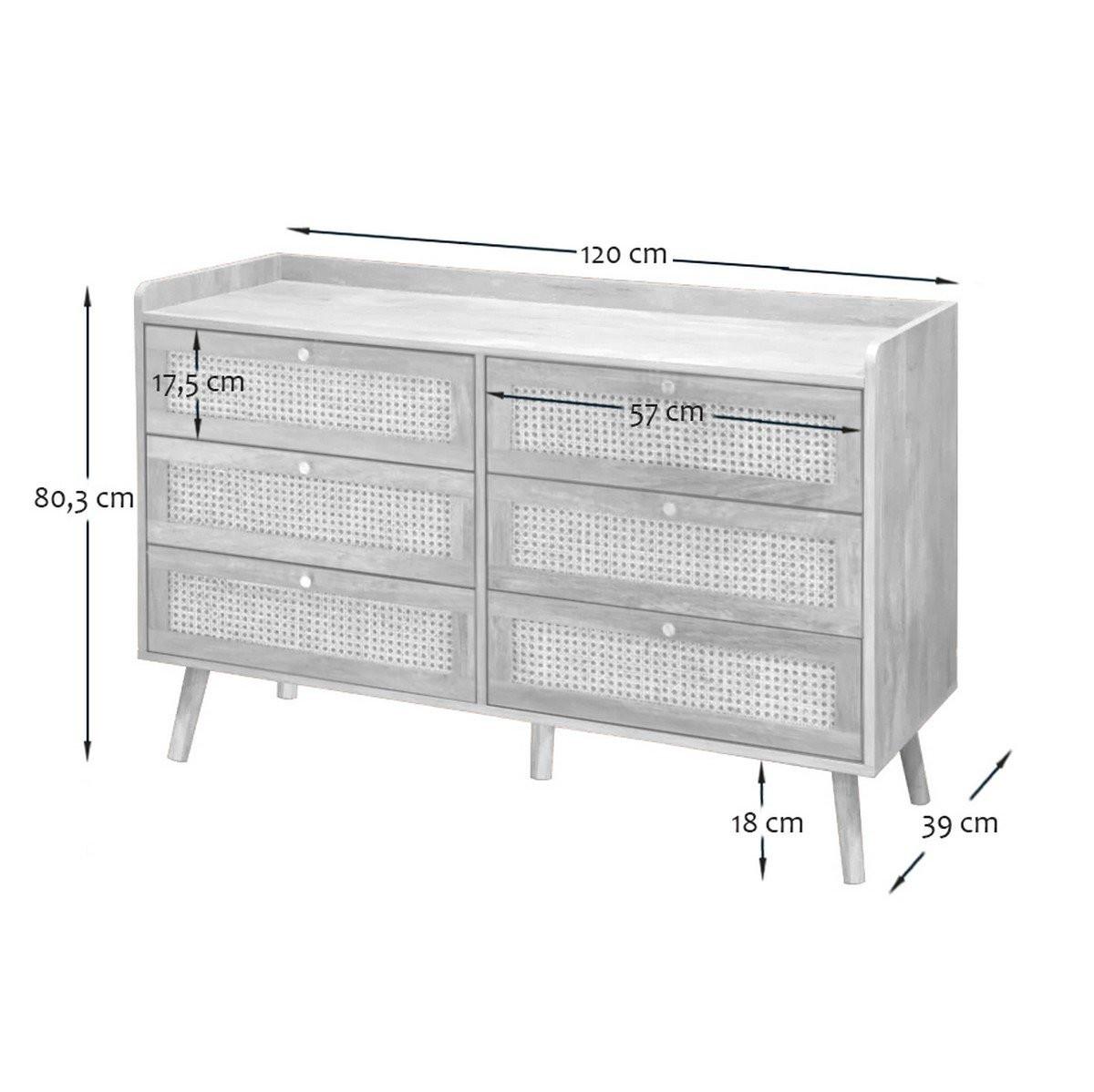 KOMMODE mit 6 schubladen mit fronten aus natürlichem rattan - PALMO 120/39/79 cm - Apfelbaumfarben, Holzwerkstoff (39/79/120cm) - Calicosy