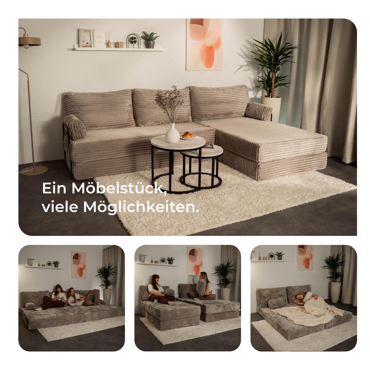 ECKSOFA ANKO modulares Boneless Sofa mit Schlaffunktion Hellgrau Kordstoff - Hellgrau, Textil (270/160cm) - MASSENO