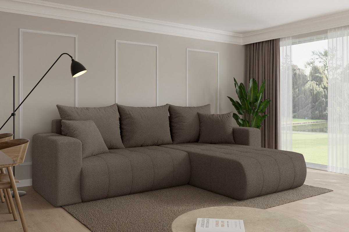 ECKSOFA mit Schlaffunktion Ottomane Rechts MILA-L 277x194x86 Braun Bouclé - Schwarz/Braun, Holzwerkstoff/Kunststoff (277/194cm) - ALTDECOR